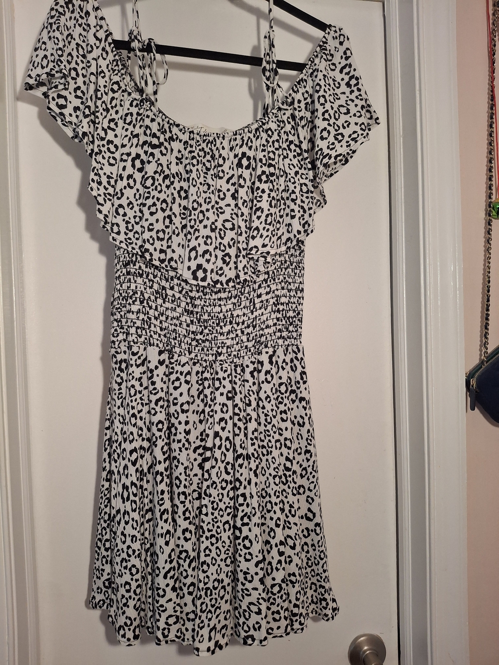 Vintage Havana Black and White Leopard Off-Shoulder Smocked Mini Dress